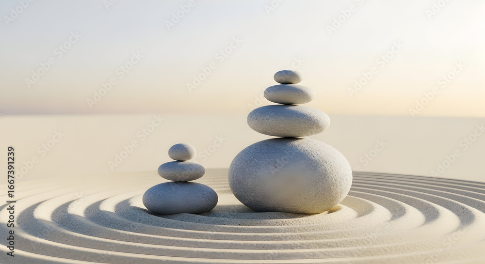 Fototapeta premium Balanced Zen Stones on Sand: Symbol of Harmony and Peaceful Meditation Setting