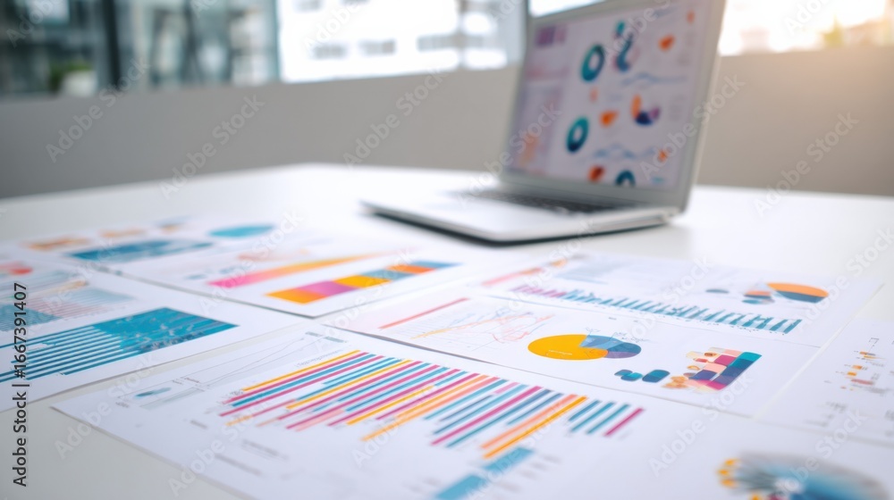 Fototapeta premium Data Analysis Documents and Laptop on White Desk Displaying Charts, Graphs, and Business Insights