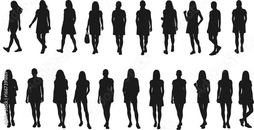 Silhouette of women standing and walking, female figures in casual dresses, vector illustration, fashion model pose, abstract black shadow art