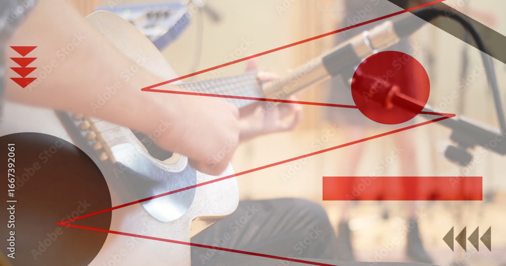 Naklejka premium Recording musician playing acoustic guitar into microphone with cable in rehearsal, red overlays
