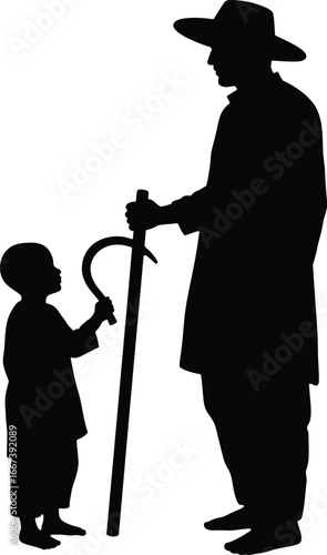 Farmer with Stick and Child Silhouette Vector Family Illustration