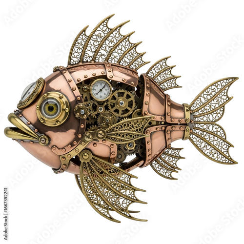 Intricate steampunk mechanical fish crafted with copper and brass gears, showcasing a detailed clockwork design and ornate fins