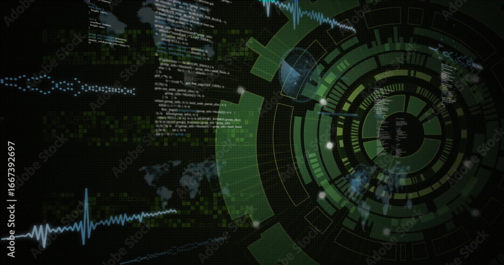Obraz premium Displaying central green radial data interface rotating on virtual display, showing floating code