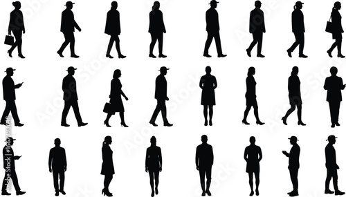 Silhouettes of walking people, men and women, business lifestyle, casual fashion, standing poses, urban crowd, modern office workers, vector illustration