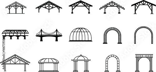 Architectural structures icon set, bridges, domes, archways, roof trusses, pavilion elements for construction, engineering, architecture, infrastructure, and design