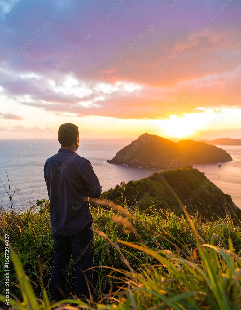 Fototapeta premium Man contemplating sunset over ocean (1)