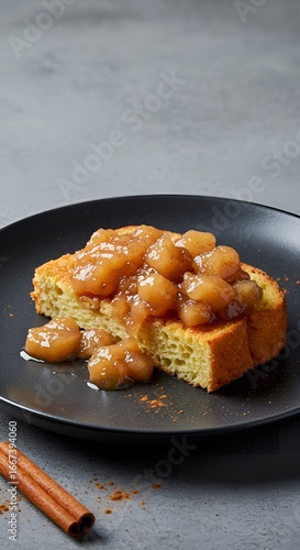 Delicious Cinnamon Apple Compote French Toast on Black Plate