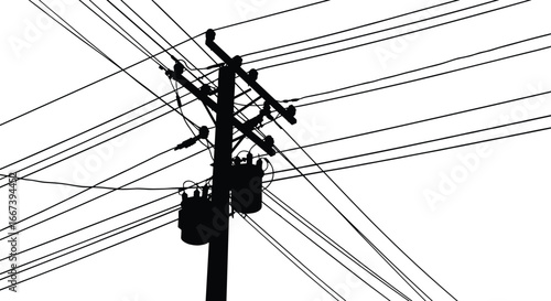 Silhouette of utility pole with power lines and transformers, electricity distribution structure, black and white vector for urban energy themes