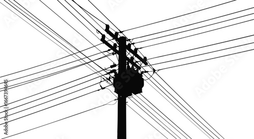Silhouette of electrical pole with multiple power lines, transformers, utility structure, vector illustration for energy, grid, urban infrastructure concepts