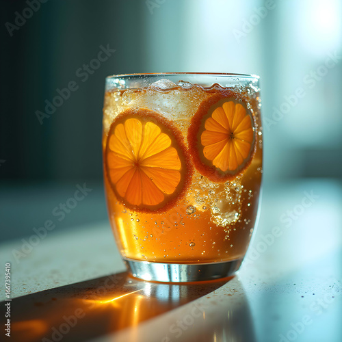 A striking close-up of a sparkling glass of iced herbal tea with fl...