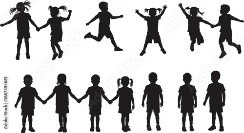 Children playing, kids silhouette, jumping kids, happy children, childhood fun, kids holding hands, group of kids, active kids, kids outdoors, joyful children