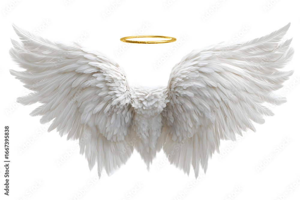 Fototapeta premium White angel wings with golden halo isolated on white background for fantasy, spiritual, and religious concept design