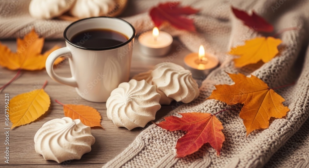 Cozy Autumn Scene: Coffee, Meringues, Candles, and Fall Leaves. Cozy Autumn Scene: Coffee, Meringues, Candles, and Fall Leaves.