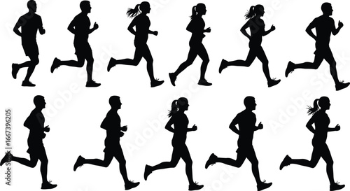 Silhouettes of men and women running, jogging exercise, outdoor fitness training, marathon athletes, workout activity, health lifestyle, sports competition