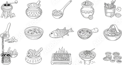Collection of traditional culinary tools and dishes, hand-drawn in a rustic style