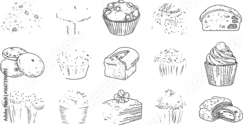 Delightful collection of hand-drawn baked goods and pastries