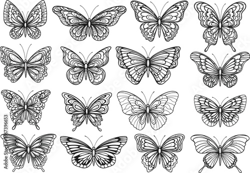 Collection of intricately detailed black and white vintage butterfly illustrations in a grid layout for artistic design