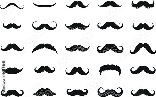 Collection of twenty five classic and vintage mustache styles drawn in a textured black and white illustration on a white background