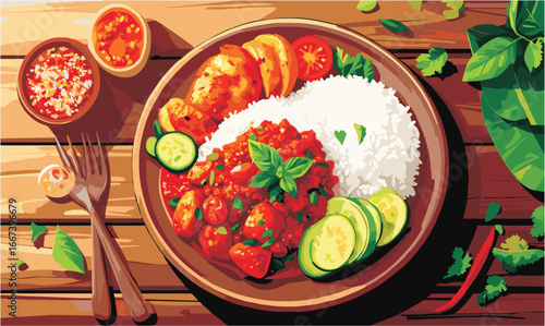 Flat lay of Sambal Matah with Balinese dishes on brown plate
Flat lay illustration of Sambal Matah served on white ceramic plate with rice, ayam betutu, and vegetables, modern flat vector style, clean