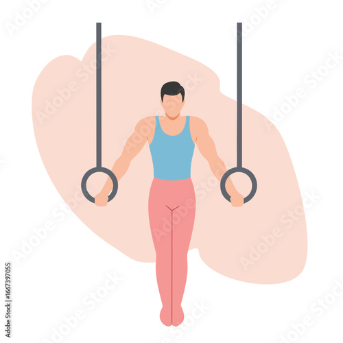 Male gymnast performing on rings in modern flat design style  