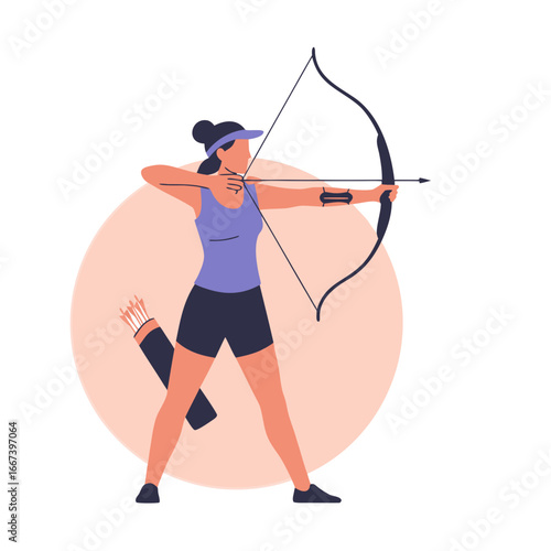Woman drawing bow and aiming with arrow in sports concept  
