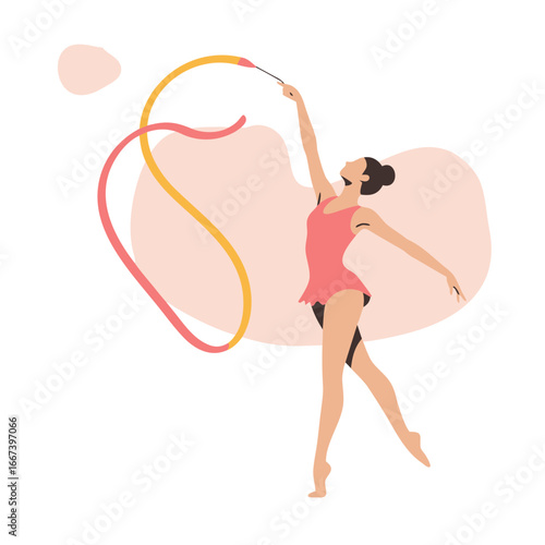 Young woman performing rhythmic gymnastics with a ribbon on pink background  