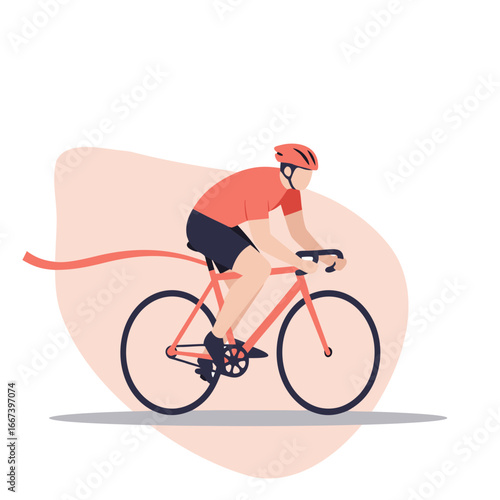 Bicycle rider pedaling in red jersey on abstract pastel background  