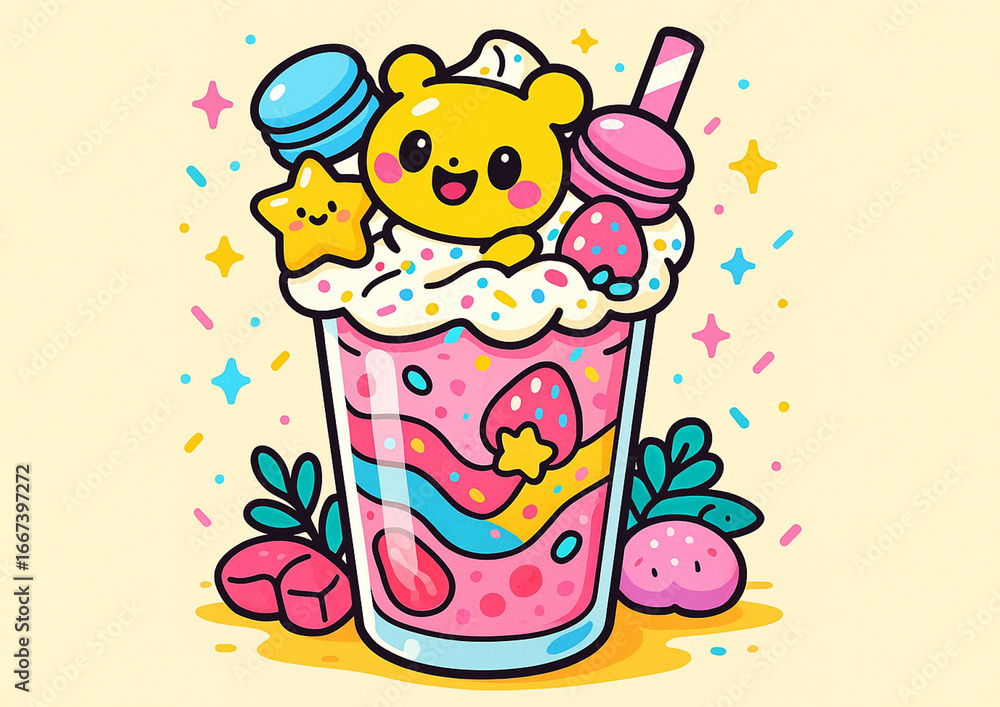 Naklejka premium 귀여운 캐릭터 밀크쉐이크 일러스트 Cute Character Milkshake Illustration