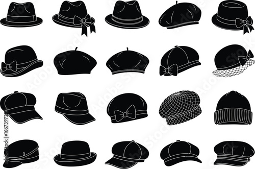 Collection of diverse vintage and modern hats including fedoras berets and caps displayed in a grid pattern on a white background