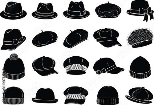Collection of diverse black and white hand drawn sketches of various hats and headwear styles for fashion and style concepts