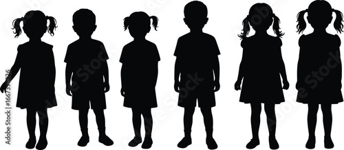 Silhouette of children standing together, boy and girl kids, childhood, school, friendship, innocence, group, black outline, family, education