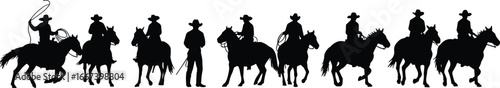Silhouette of cowboys riding horses, western cowboy culture, rodeo riders, wild west scene, cowboy with lasso, horse riding, ranch lifestyle