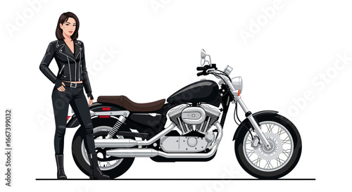 Attractive woman with modern custom motorcycle parked on a plain background