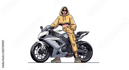 Charming young woman with sunglasses poses on a gleaming motorcycle