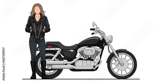 Chic biker girl with classic motorcycle exudes effortless cool aesthetic