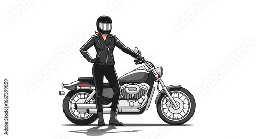 Confident biker woman striking a pose with her motorcycle illustration
