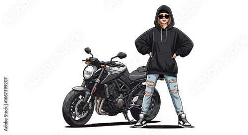 Edgy urban style portrait of woman with motorcycle against white background