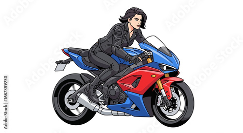 Enigmatic biker in leather on a sleek, colorful sport motorcycle ride
