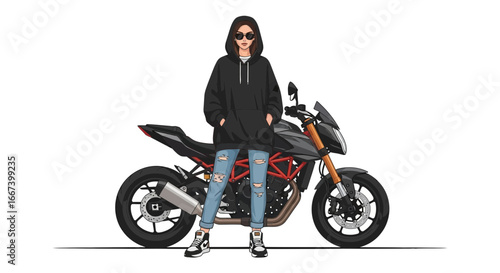 Fashionable young woman with urban street style posing next to motorcycle
