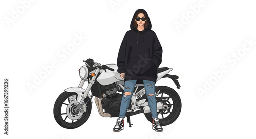 Fashion-forward woman poses confidently with a sleek motorcycle illustration