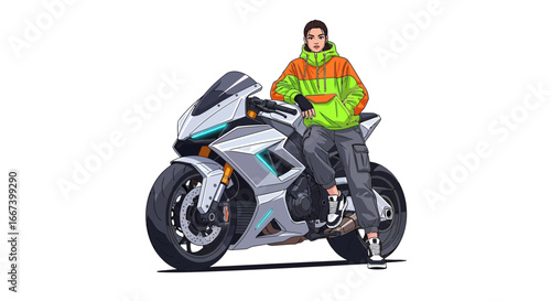 Futuristic motorbike art, an animated girl with a motorbike, modern style
