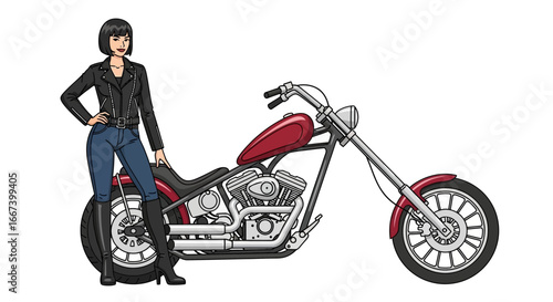 Illustration portraying a woman alongside a meticulously rendered chopper motorcycle
