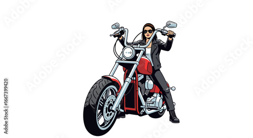 Illustration of a stylish woman riding a customized cruiser motorcycle