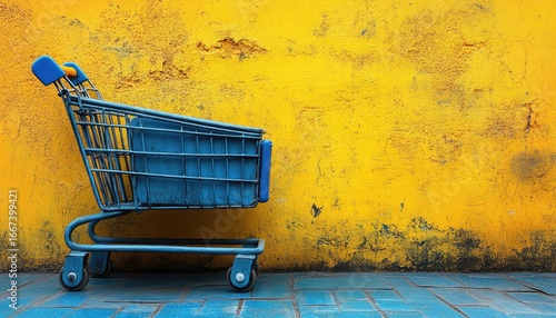 Blue shopping cart against a textured yellow wall on blue brick floor. It can illustrate consumerism, shopping, or retail concepts vividly.