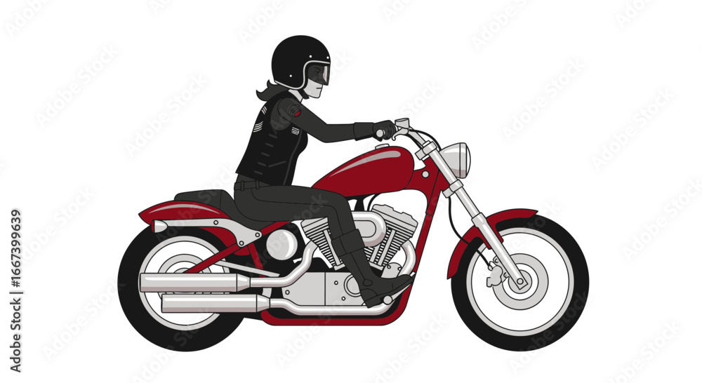 Stylish female biker on a sleek custom motorcycle illustration isolated