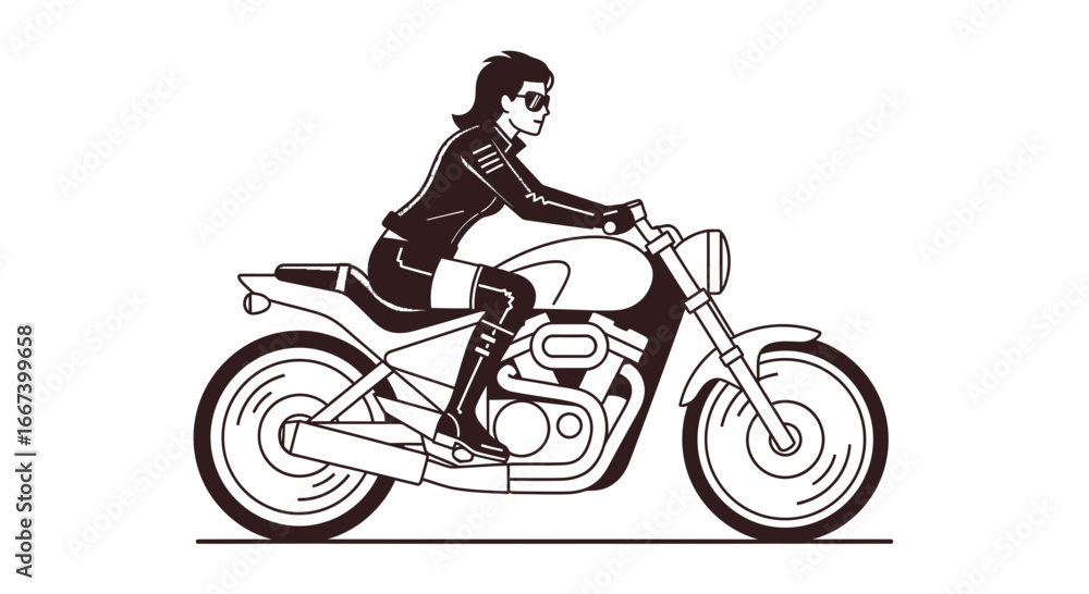 Fototapeta premium Stylish outline illustration of a woman riding a classic motorcycle
