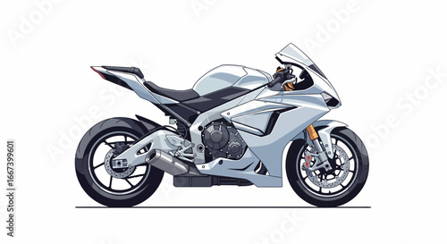 Sleek white sports motorcycle illustration with detailed mechanical components