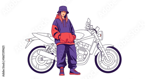 Stylish anime biker with motorcycle illustration in trendy streetwear fashion