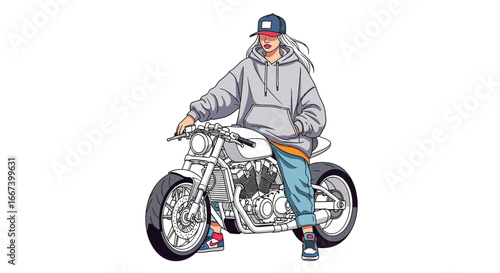 Stylish cartoon woman posing on a motorcycle, urban lifestyle illustration