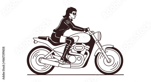 Stylish outline illustration of a woman riding a classic motorcycle